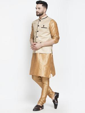 brown silk blend kurta pyjama set with brown nehru jacket - 16985924 - Standard Image - 2