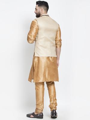 brown silk blend kurta pyjama set with brown nehru jacket - 16985924 - Standard Image - 3