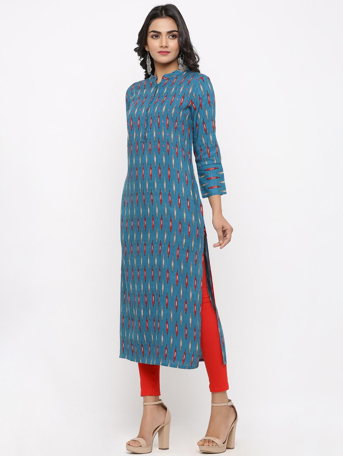 ikat print straight kurta - 16987196 - Zoom Image - 3
