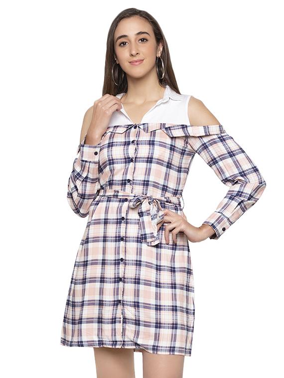 cold shoulder checkered shirt dress - 16989792 - Zoom Image - 1