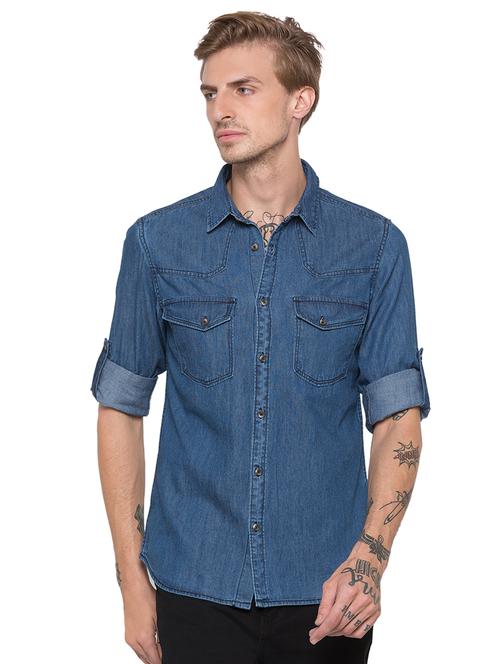 blue solid denim casual shirt - 16989911 - Standard Image - 1