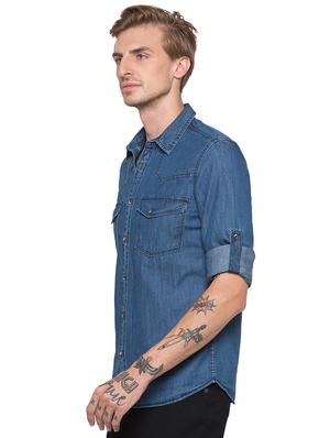 blue solid denim casual shirt - 16989911 - Standard Image - 2