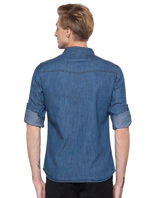 blue solid denim casual shirt - 16989911 - Standard Image - 3