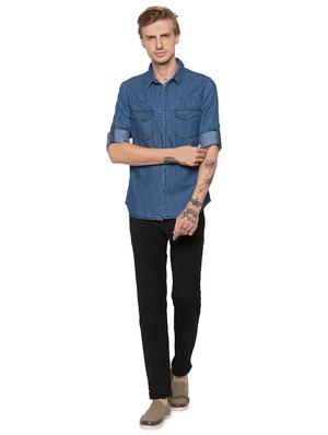 blue solid denim casual shirt - 16989911 - Standard Image - 4