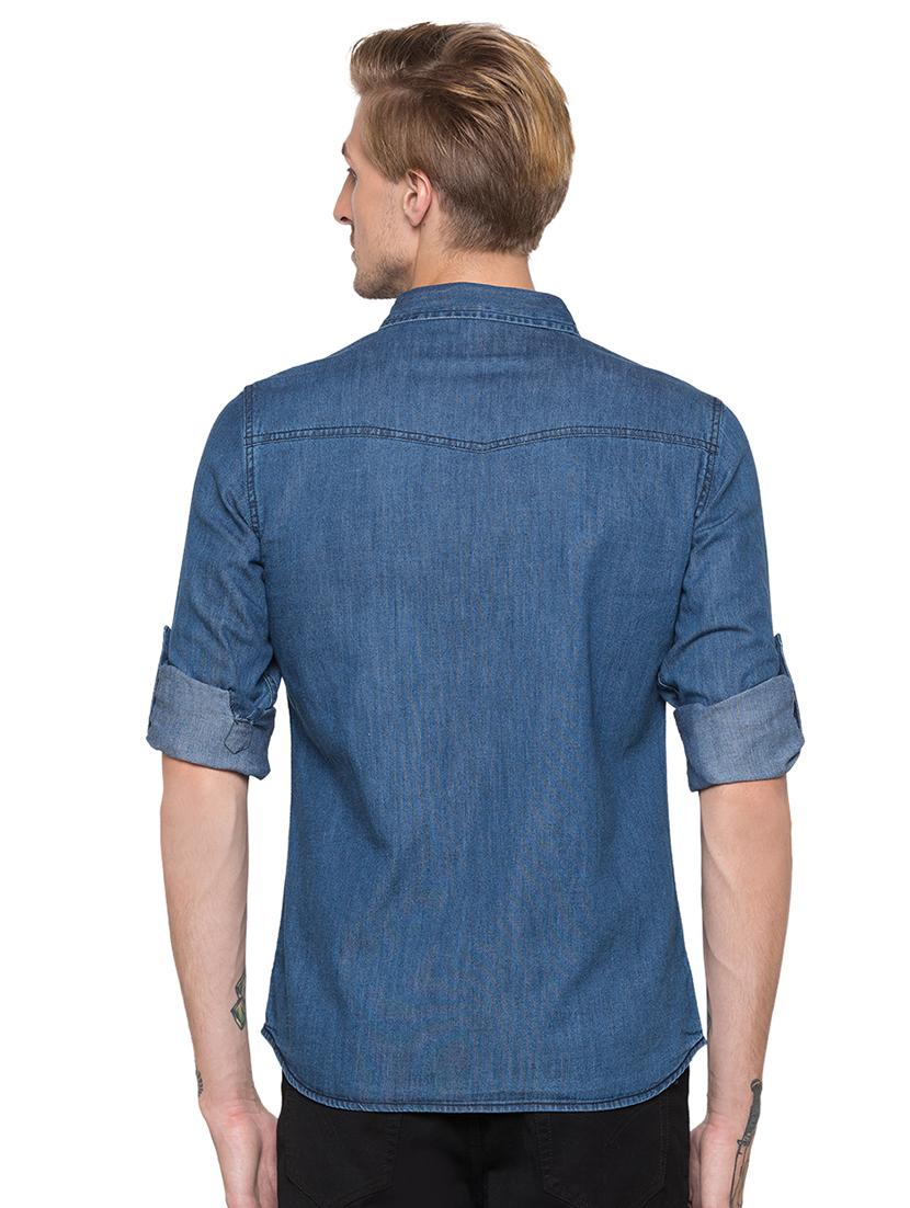 blue solid denim casual shirt - 16989911 - Zoom Image - 3