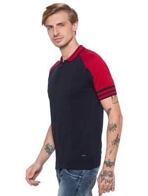 navy blue color block raglan collared t-shirt - 16990091 - Standard Image - 2