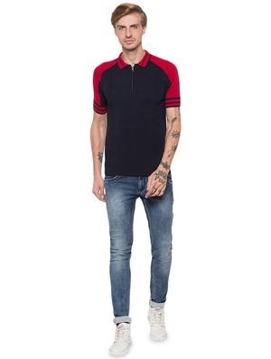 navy blue color block raglan collared t-shirt - 16990091 - Standard Image - 4