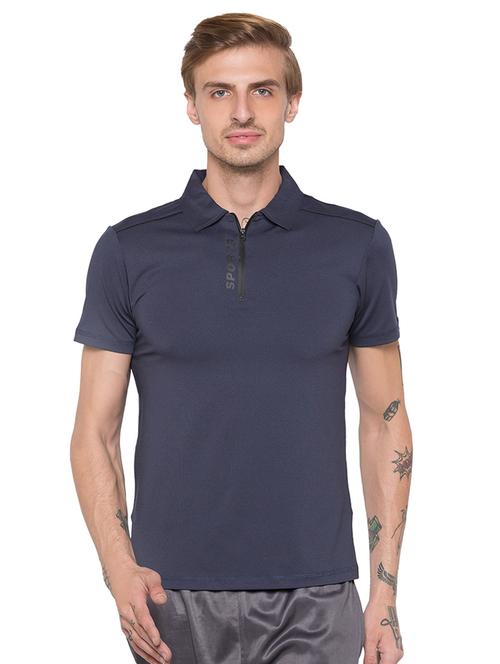 navy blue solid collared t-shirt - 16990141 - Standard Image - 1