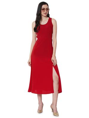 round neck high slit a-line dress - 16990174 - Standard Image - 2