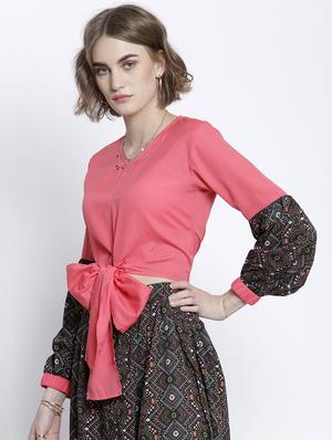 printed sleeves tie front crop top - 16992437 - Standard Image - 2
