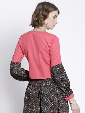 printed sleeves tie front crop top - 16992437 - Standard Image - 3