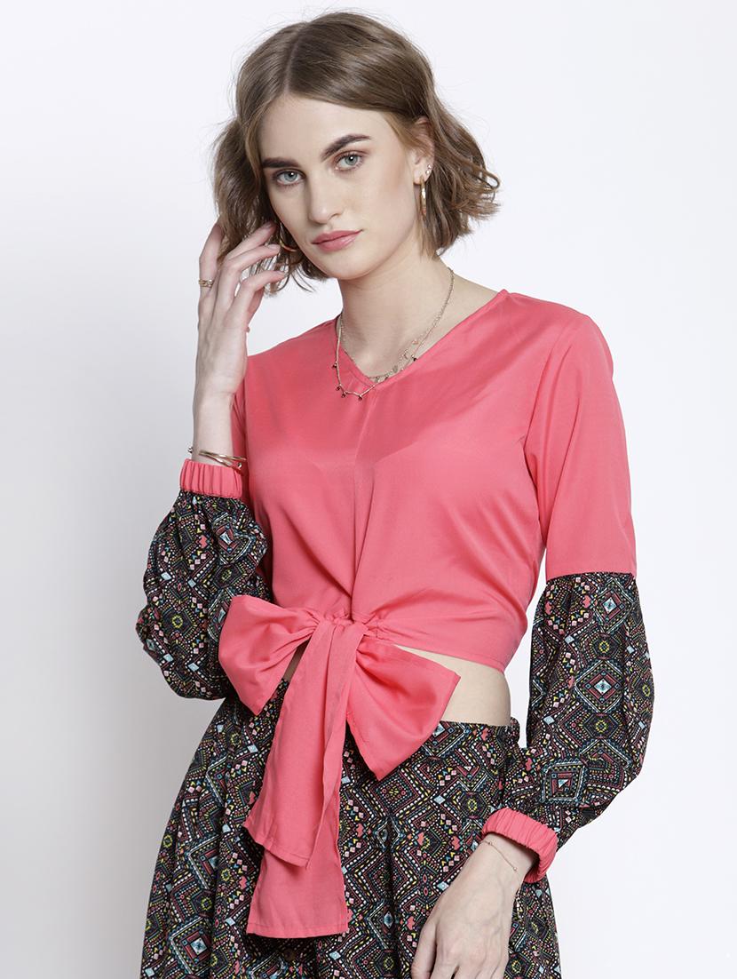 printed sleeves tie front crop top - 16992437 - Zoom Image - 1