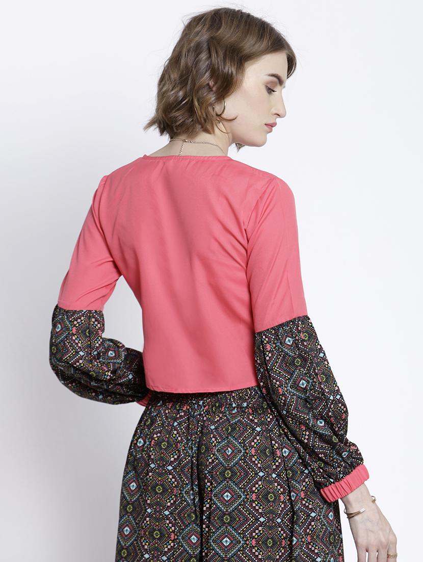 printed sleeves tie front crop top - 16992437 - Zoom Image - 3