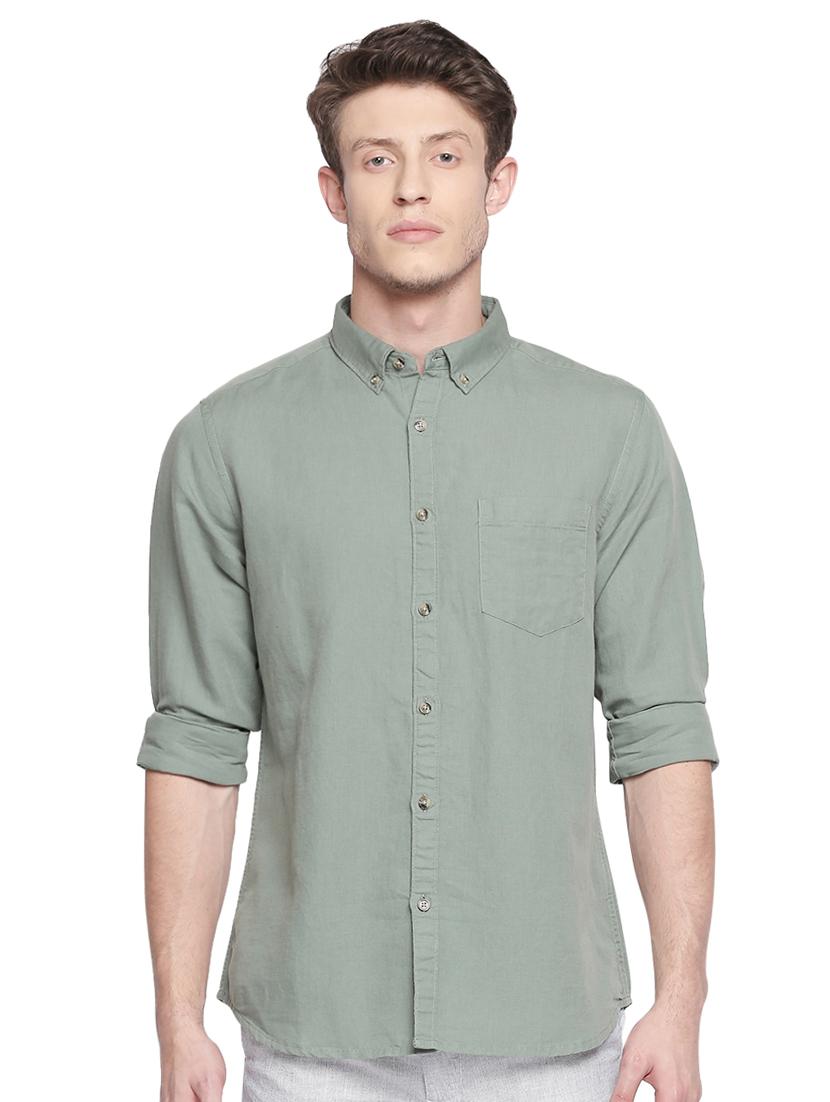green solid cotton linen casual shirt - 16994247 - Zoom Image - 1