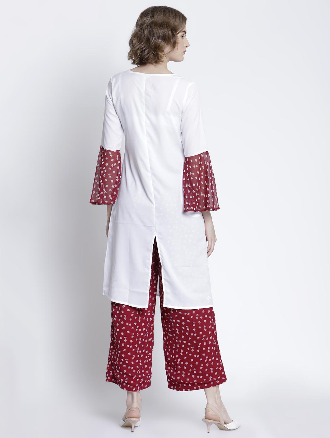 contrast bell sleeves back slit a-line kurta - 16998822 - Zoom Image - 3