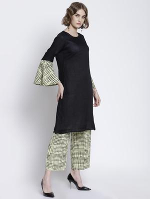 contrast bell sleeves back slit a-line kurta - 16998825 - Standard Image - 2