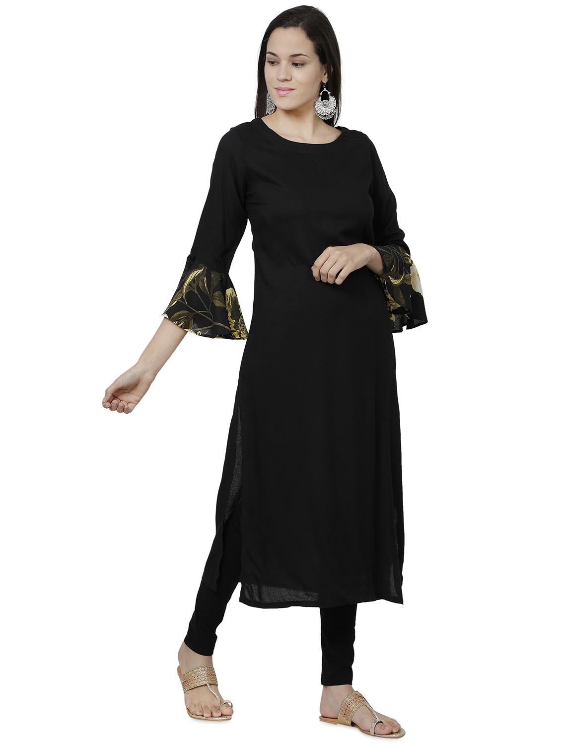 printed bell sleeves solid straight kurta - 17001084 - Zoom Image - 2