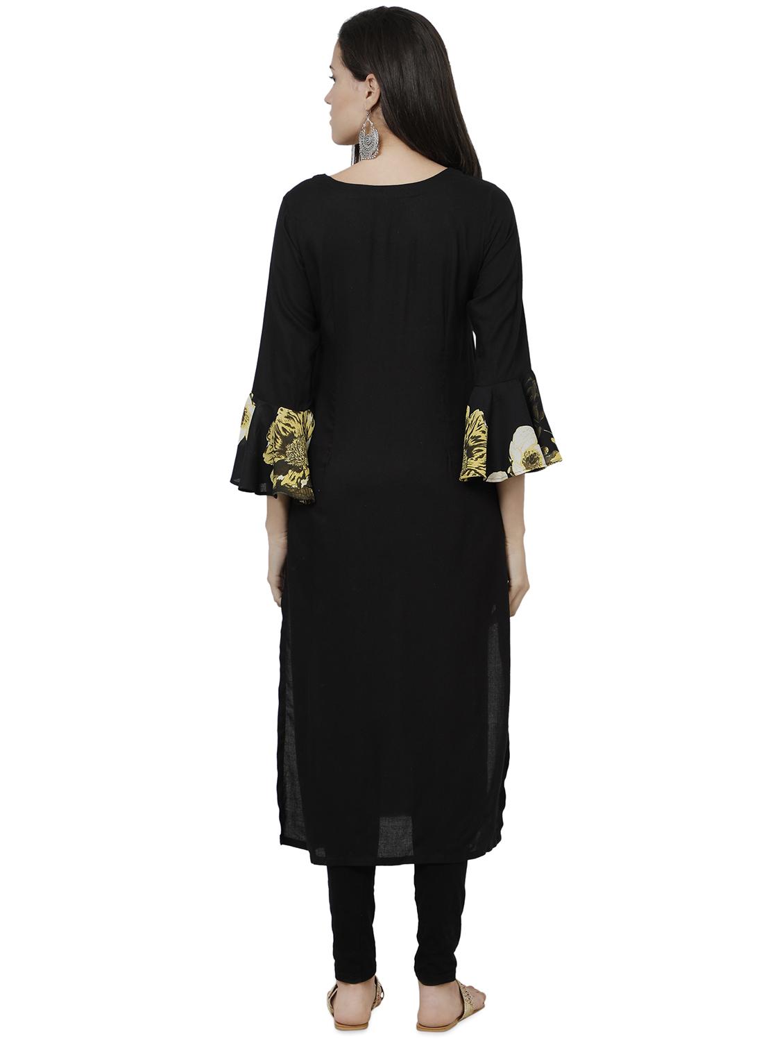 printed bell sleeves solid straight kurta - 17001084 - Zoom Image - 3