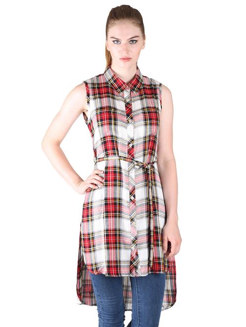 tie front checkered high low tunic - 17001219 - Standard Image - 1