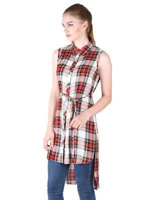 tie front checkered high low tunic - 17001219 - Standard Image - 2