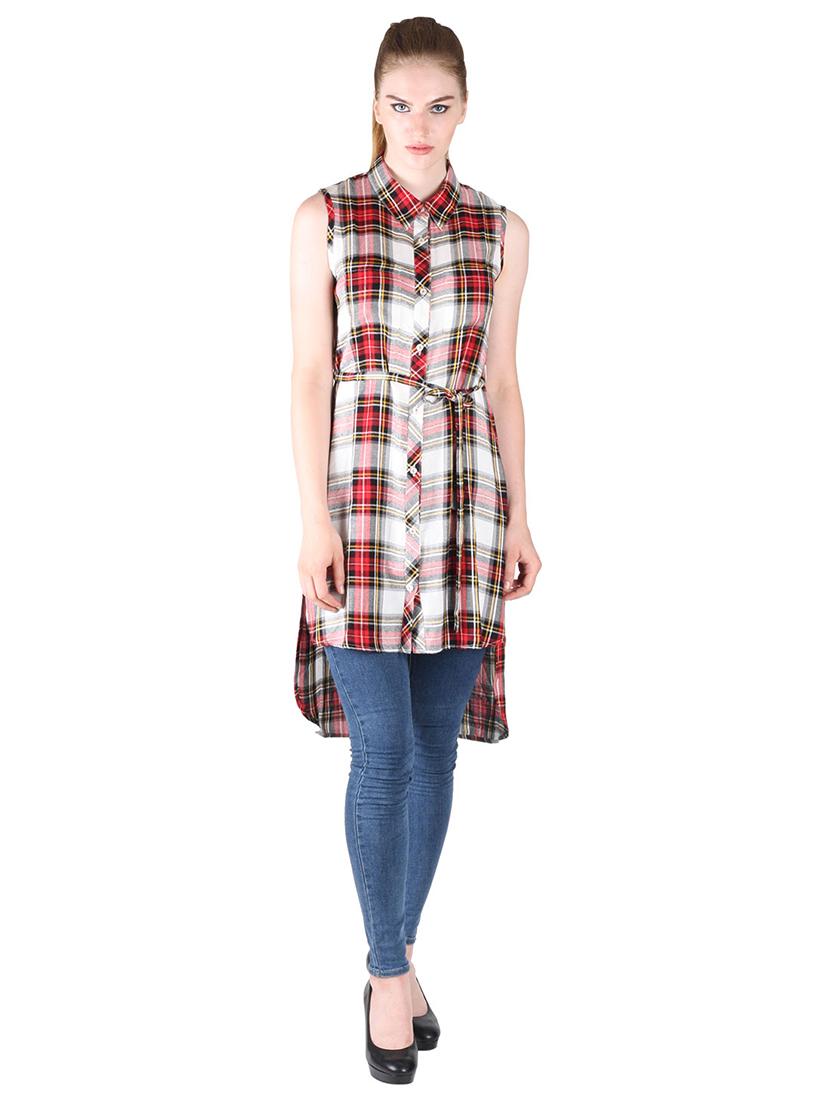 tie front checkered high low tunic - 17001219 - Zoom Image - 4
