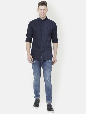 navy blue striped casual shirt - 17001562 - Standard Image - 4