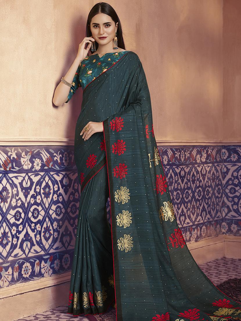 foil printed woven saree with blouse - 17005607 - Zoom Image - 1