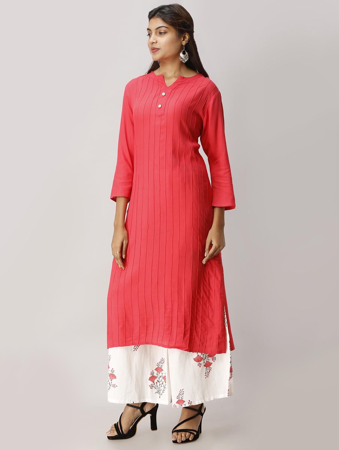 solid pintucks kurta palazzo set - 17010230 - Zoom Image - 2