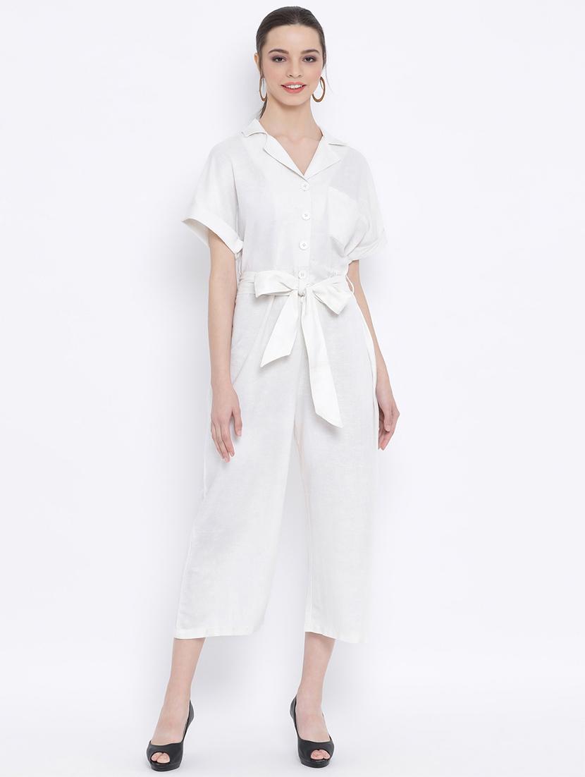 optic white tie front full leg jumpsuit - 17011110 - Zoom Image - 1