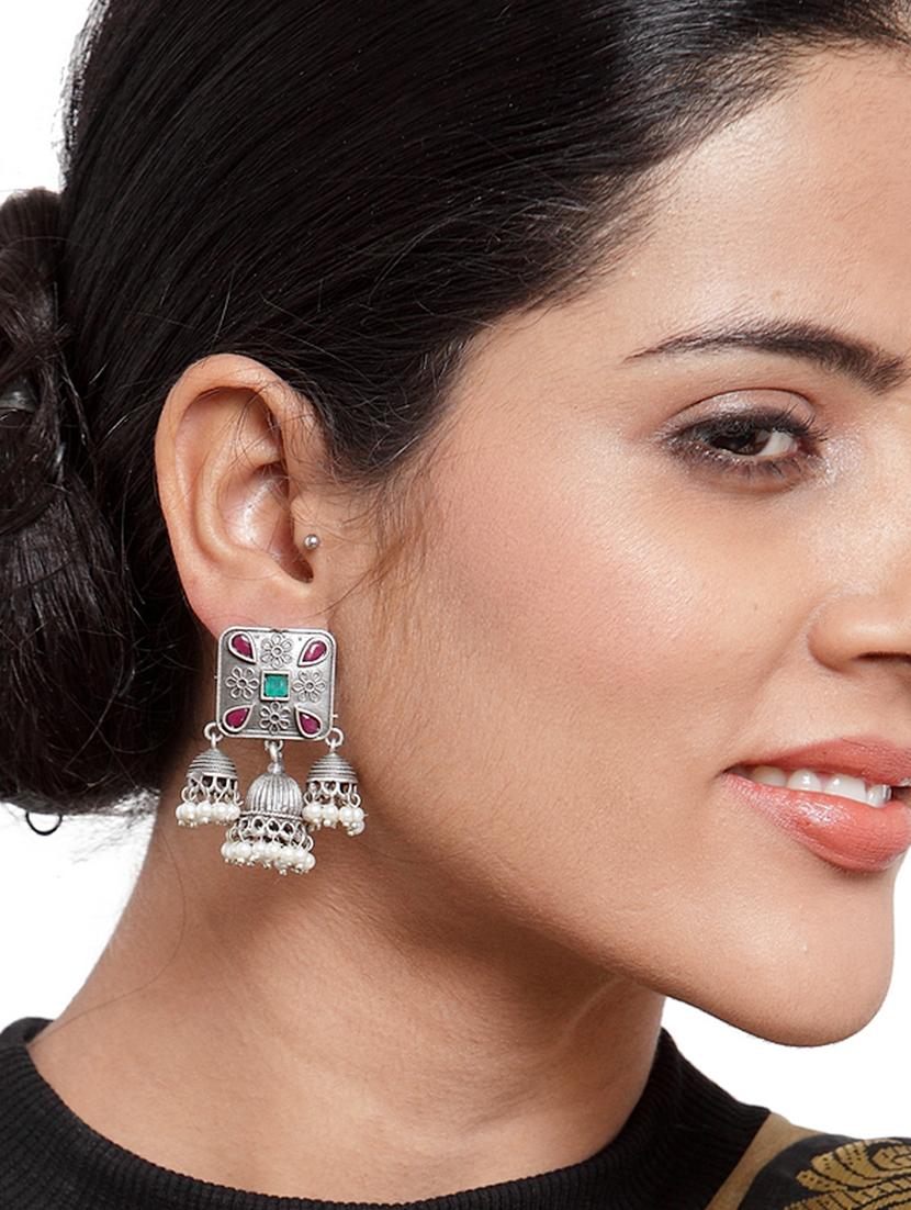 silver brass jhumka earring - 17012115 - Zoom Image - 4