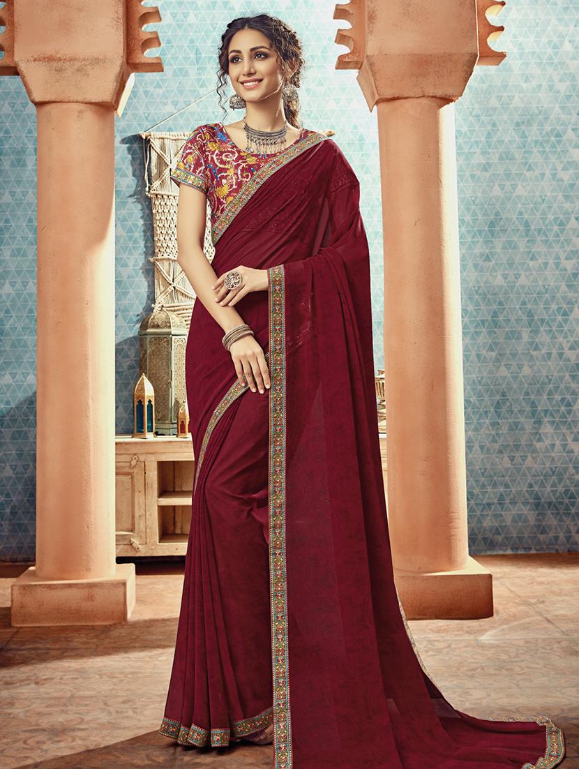 solid bordered saree with blouse - 17016762 - Zoom Image - 1