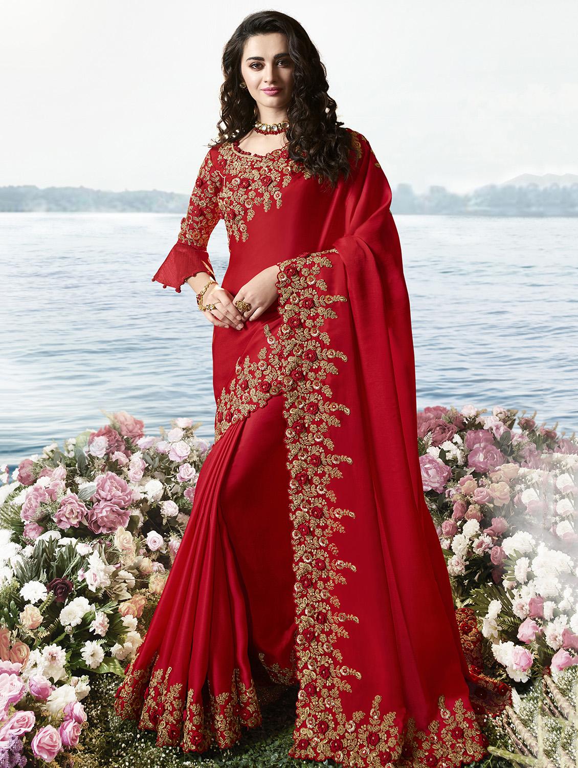 solid embroidered saree with blouse - 17019322 - Zoom Image - 1