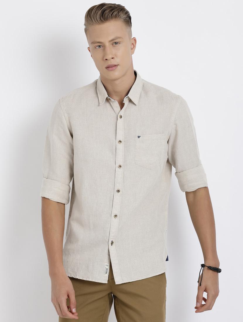 beige solid cotton linen casual shirt - 17019924 - Zoom Image - 1