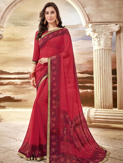 bordered printed saree with blouse - 17020172 - Standard Image - 1