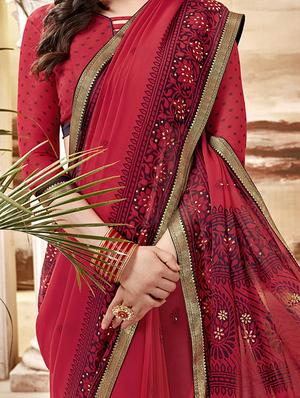 bordered printed saree with blouse - 17020172 - Standard Image - 2