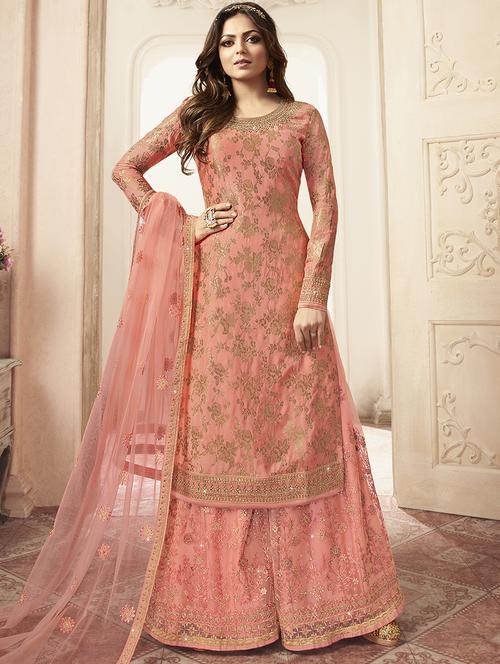embroidered sharara semi-stitched suit - 17022190 - Standard Image - 1