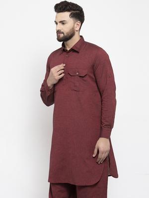 maroon solid pathani kurta - 17026084 - Standard Image - 2