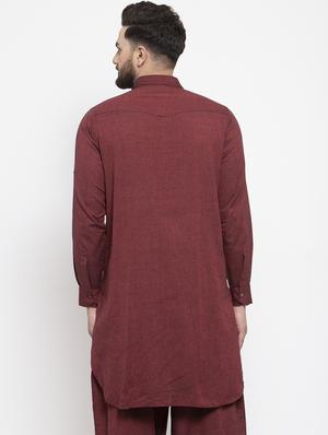 maroon solid pathani kurta - 17026084 - Standard Image - 3