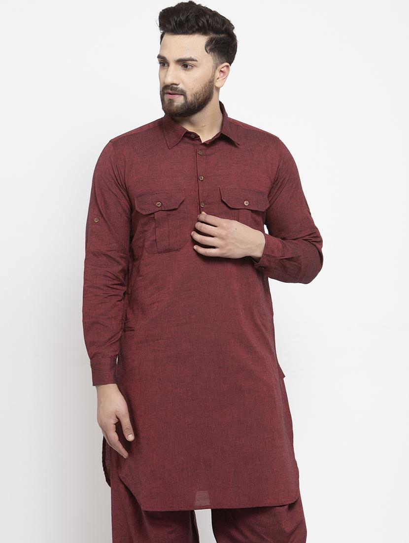 maroon solid pathani kurta - 17026084 - Zoom Image - 1