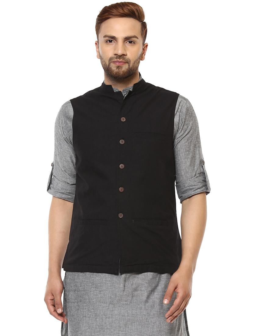 black solid nehru jacket - 17027222 - Zoom Image - 1