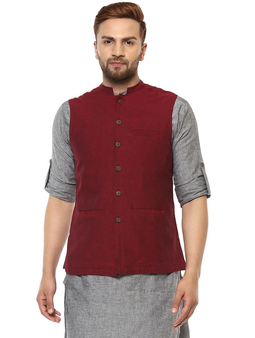 maroon solid nehru jacket - 17027224 - Zoom Image - 1
