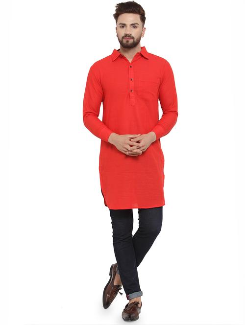 red cotton pathani kurta - 17030361 -  Standard Image - 0