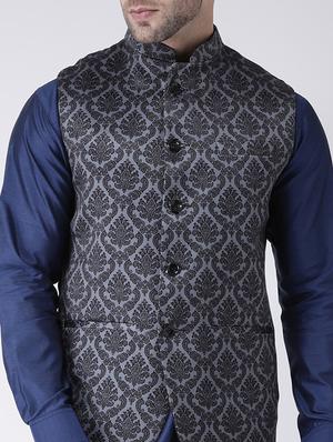 grey printed nehru jacket - 17063735 - Standard Image - 5