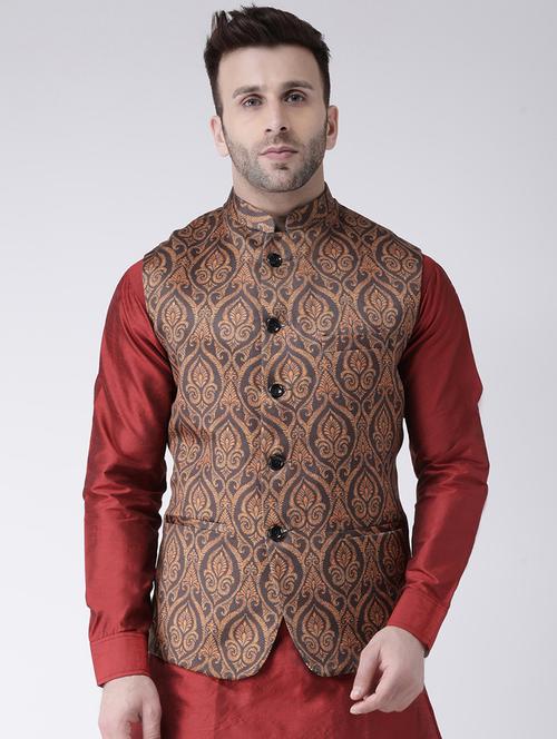 brown printed nehru jacket - 17063737 - Standard Image - 1