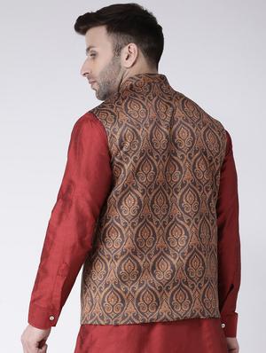 brown printed nehru jacket - 17063737 - Standard Image - 3