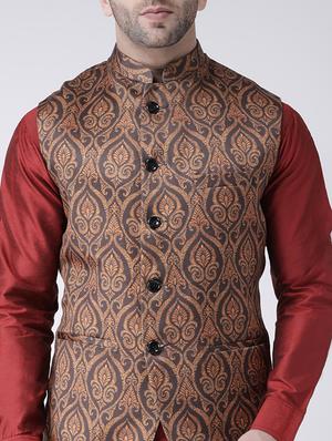 brown printed nehru jacket - 17063737 - Standard Image - 5