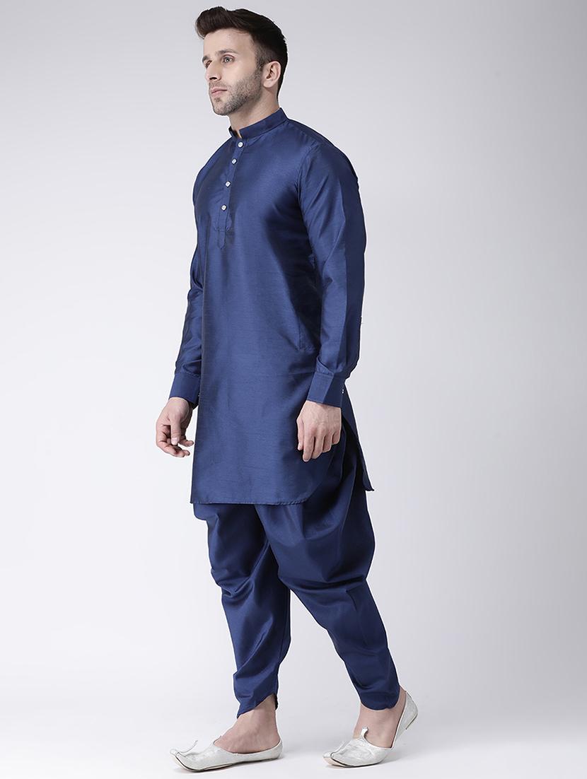 navy blue solid dupion dhoti kurta set - 17063745 - Zoom Image - 2