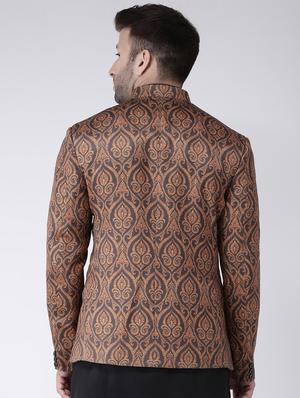 brown printed bandhgala casual blazer - 17063761 - Standard Image - 3