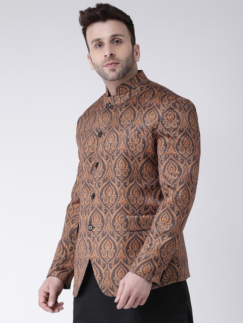 brown printed bandhgala casual blazer - 17063761 - Zoom Image - 2