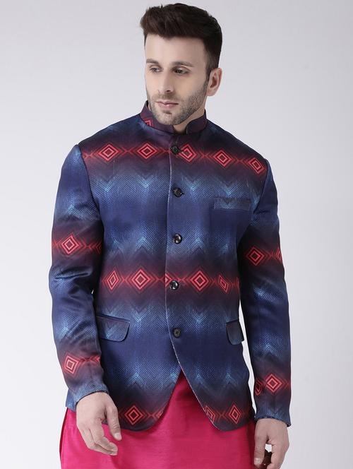 blue printed bandhgala casual blazer - 17063763 - Standard Image - 1
